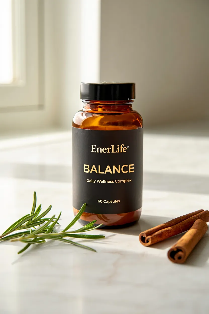 EnerLife Balance supplement bottle with natural ingredients displayed on a clean background